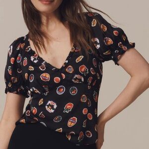 Maeve Anthropologie Black Blouse with Colorful Graphic Prints